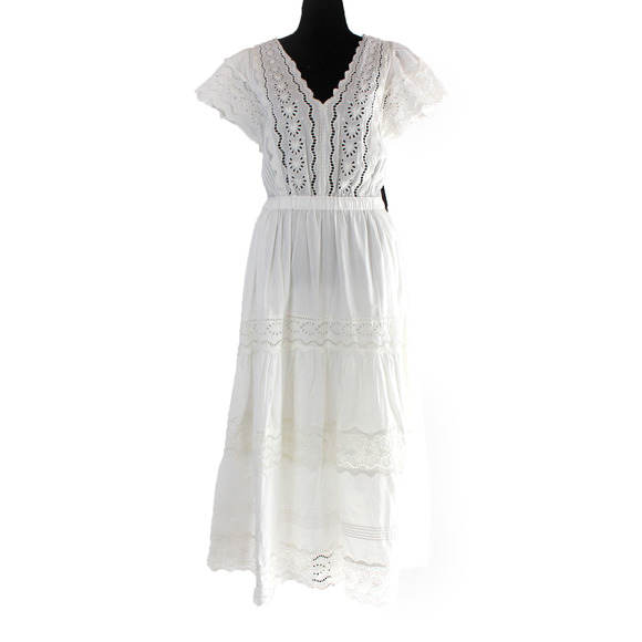 Sea Georgina White Eyelet Flutter Sleeve Cotton Dress 12 NEW V-Neckline Midi L - Picture 2 of 9
